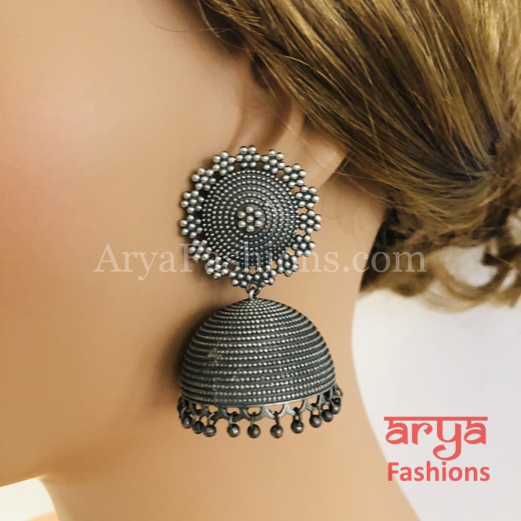 Oxidized Silver Jhumka with Kaan Chain Traditional Indian Sahara Earrings —  Discovered